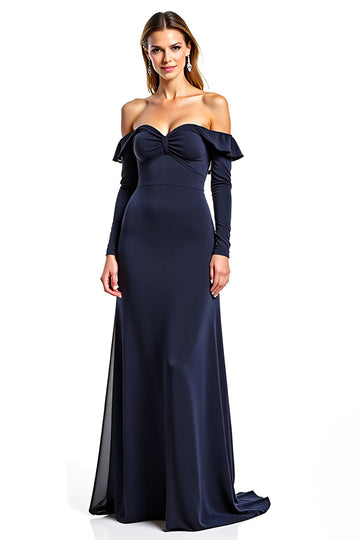 Navy Sheath Ruffled Off the Shoulder Mother of the Bride Dress